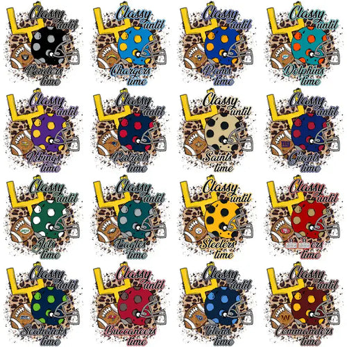 Classy Until [Team] Time football designs with helmets, balls, and goalposts on leopard print background
