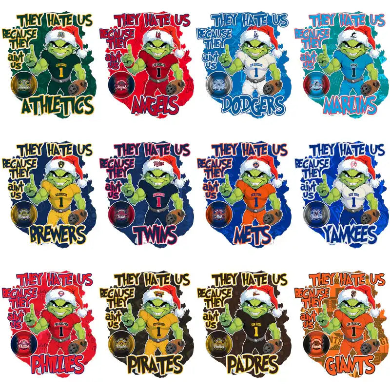Holiday-themed baseball team designs with festive gnomes and team logos for DTF/DTG printing.