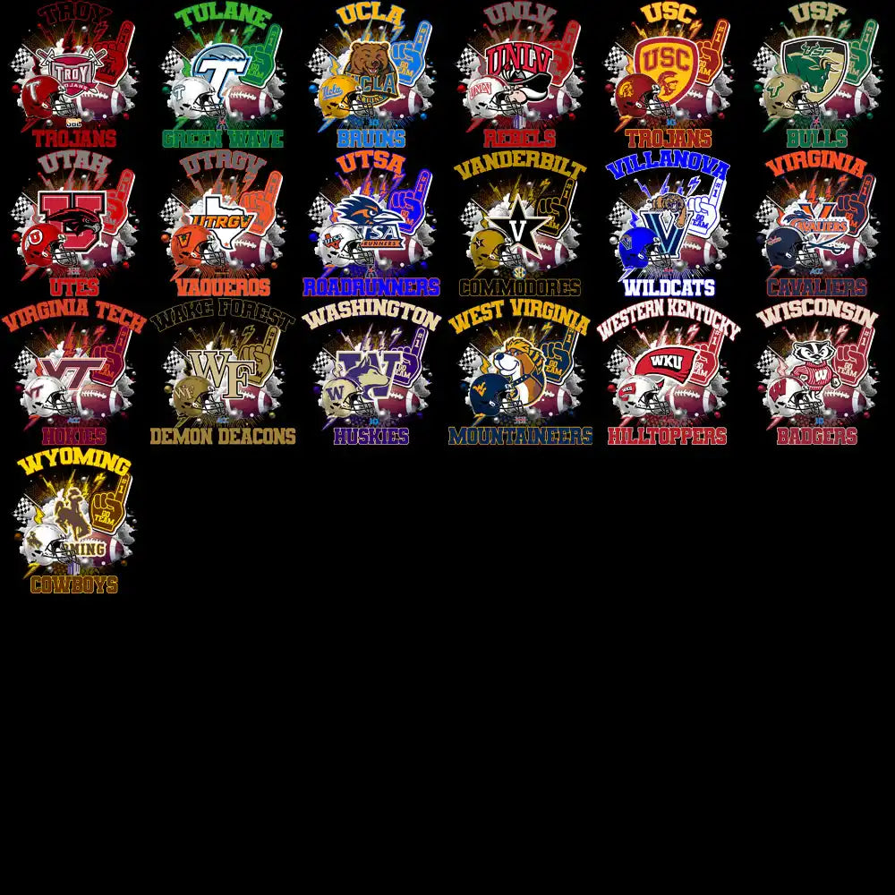 College football team logos and mascots for DTF/DTG designs, featuring vibrant team colors and symbols.