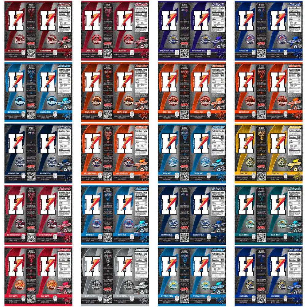 Assorted sports drink labels with team logos and flavors for DTF/DTG printing designs