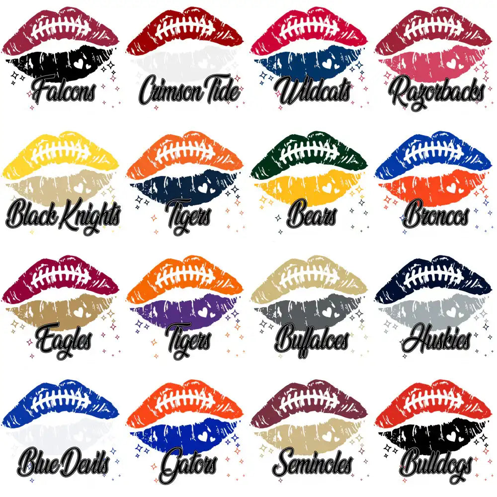 Football team lips designs with team names like Falcons, Tigers, and Bulldogs for DTF/DTG printing