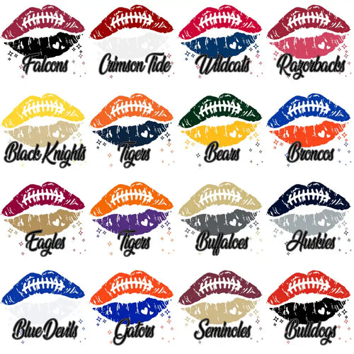 Football team lips designs with team names like Falcons, Tigers, and Bulldogs for DTF/DTG printing