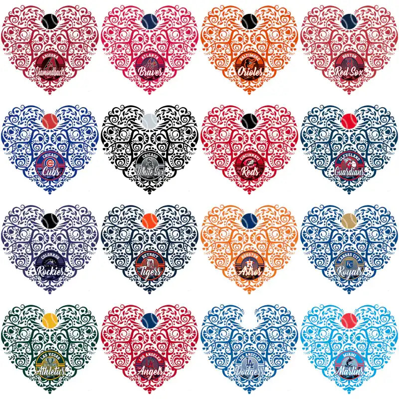 Baseball team heart designs with intricate patterns for DTF/DTG and embroidery