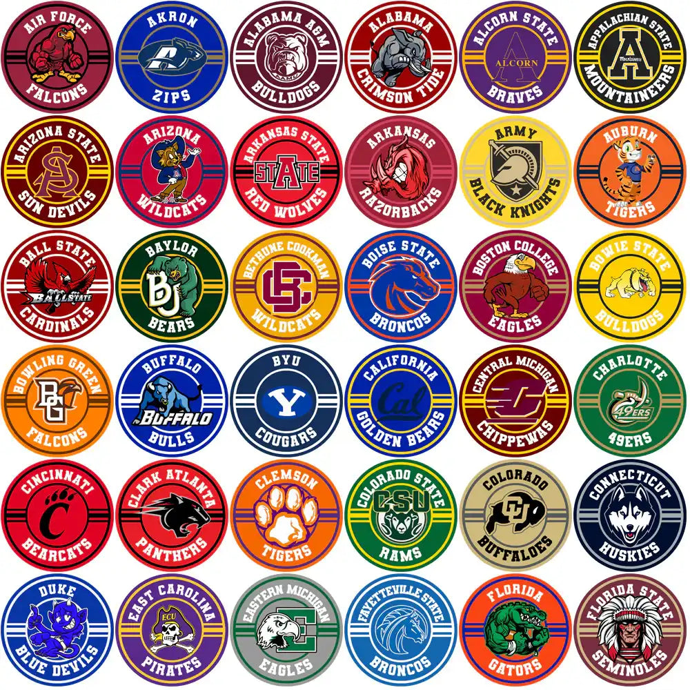 College sports team logos in circular designs for DTF, DTG, embroidery, and tumbler wraps