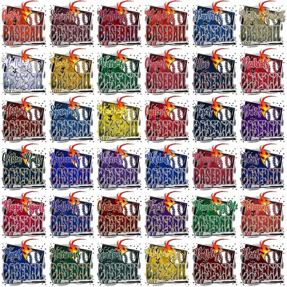 Baseball team logos with flames and baseballs, print-ready for DTF/DTG, embroidery, or tumbler wraps