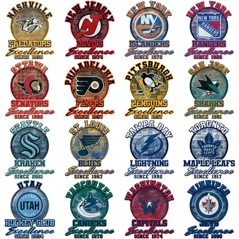 NHL team logos with 'Excellence Since' text, print-ready for DTF/DTG, embroidery, tumbler wraps