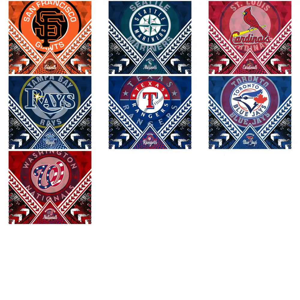 Baseball team logos including Giants, Mariners, Cardinals, Rays, Rangers, Blue Jays, Nationals