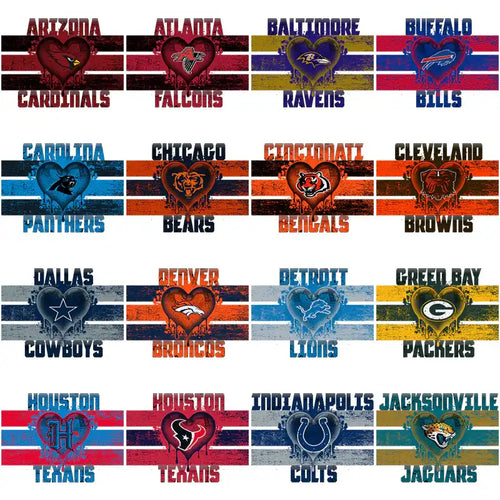 NFL team logos in heart designs with distressed stripes for DTF/DTG printing