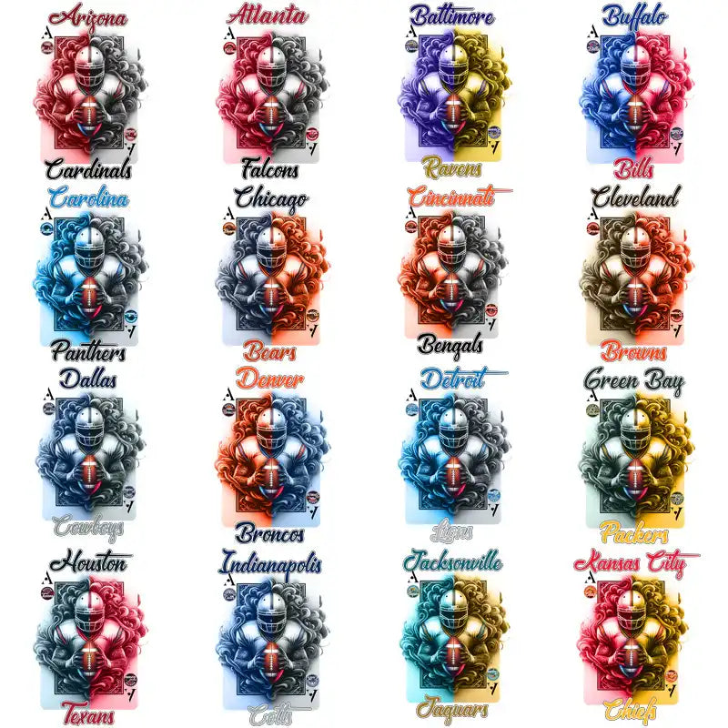 NFL team-themed football helmet designs for DTF/DTG and embroidery, featuring vibrant colors and team names.