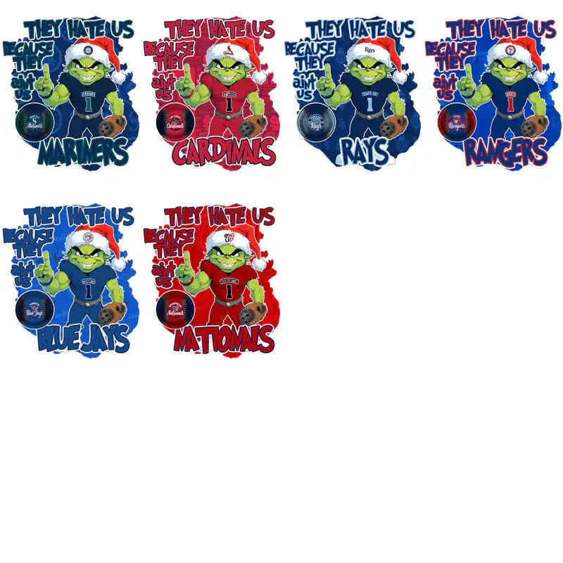 Grinch in MLB team jerseys with 'They Hate Us' text, festive holiday designs for print