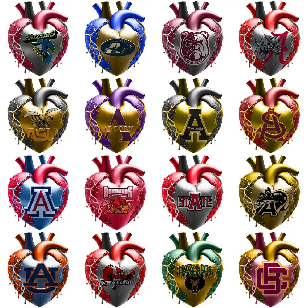 College team logos on anatomical heart designs for DTF, DTG, embroidery, and tumbler wraps