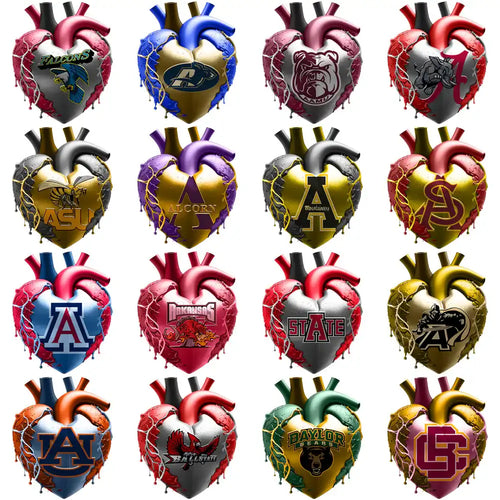 College team logos on anatomical heart designs for DTF, DTG, embroidery, and tumbler wraps