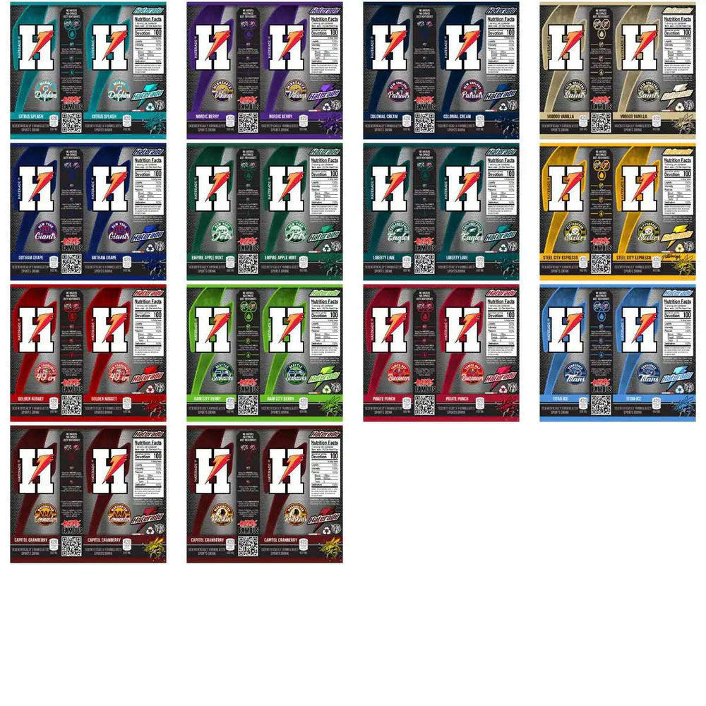 Custom sports drink labels with team logos, flavors, and nutrition facts for DTF/DTG printing