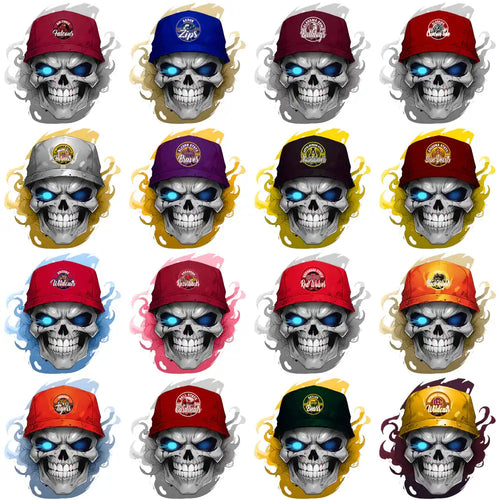 Skull with glowing blue eyes wearing sports caps, print-ready design bundle for DTG/DTF/embroidery