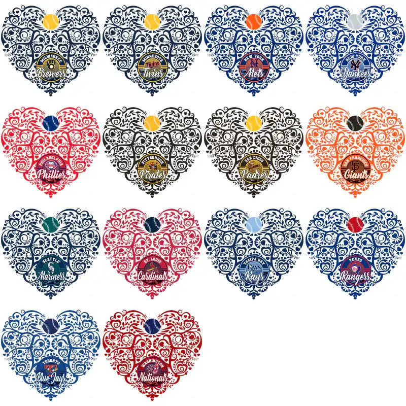 Baseball team heart designs with intricate patterns for DTF, DTG, and embroidery projects