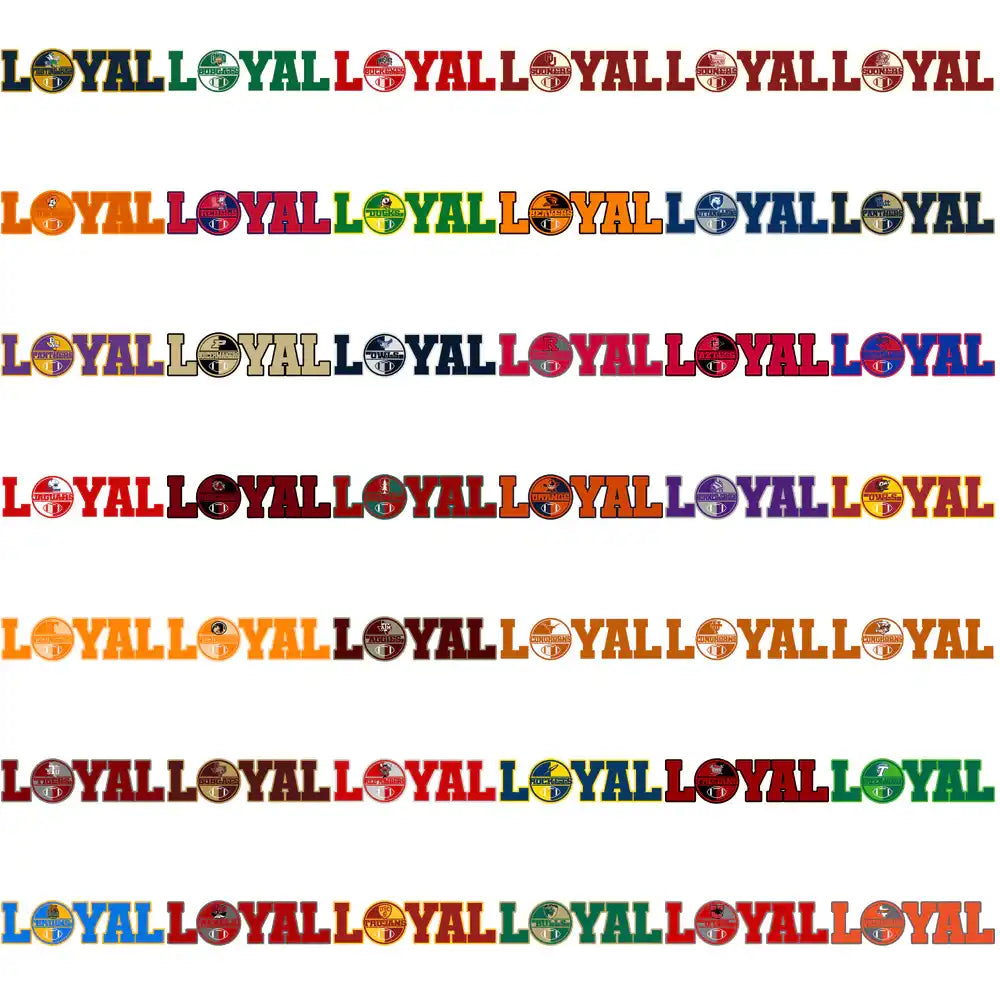 Loyal team spirit designs for DTF DTG embroidery, featuring colorful sports logos and text in print-ready formats.