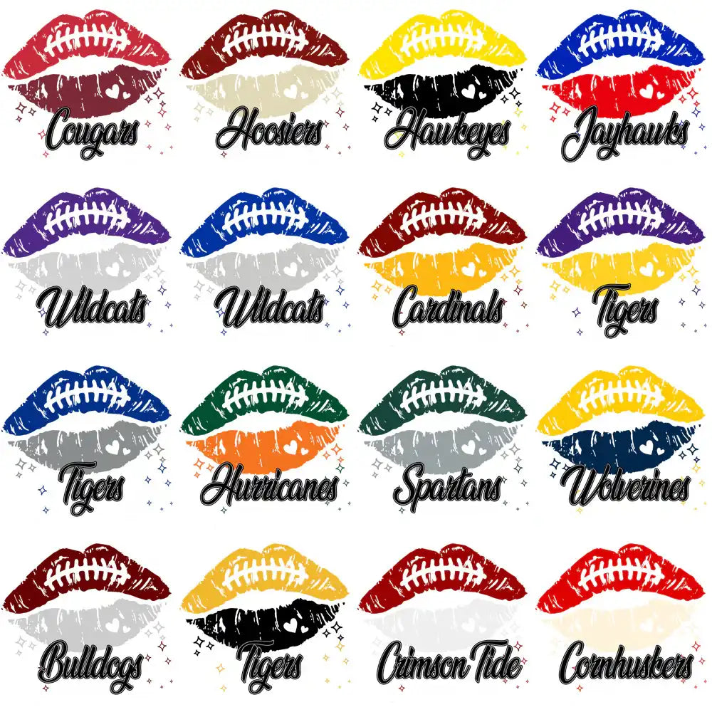Football team lips designs for DTF, DTG, embroidery — Broncos, Lions, Texans, Bulldogs, Tigers, Crimson Tide, Cornhuskers