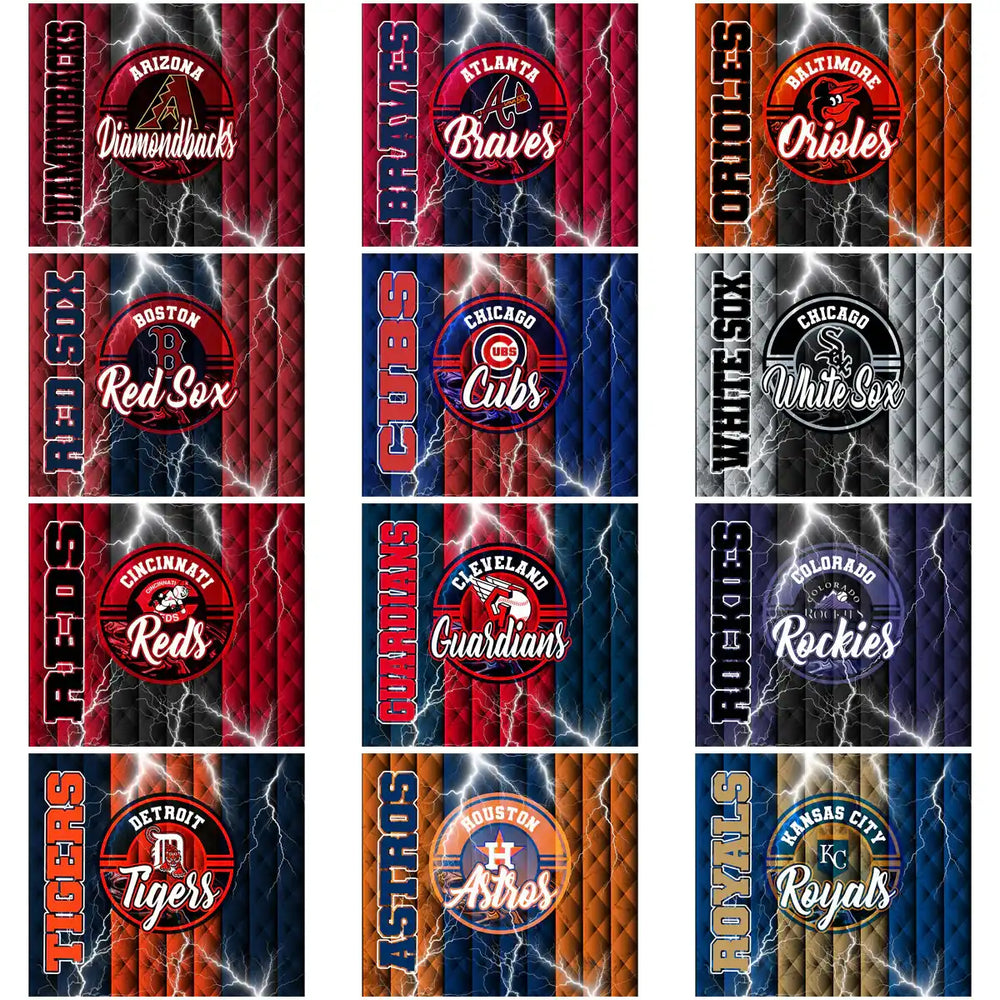 MLB team logos with lightning effects on quilted backgrounds for DTF/DTG designs