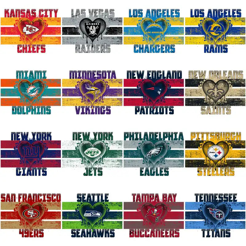NFL team logos in heart designs with striped backgrounds for DTF/DTG and embroidery