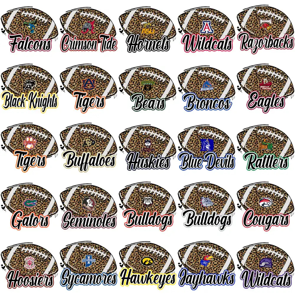 Leopard print football designs with team logos for DTF/DTG and embroidery