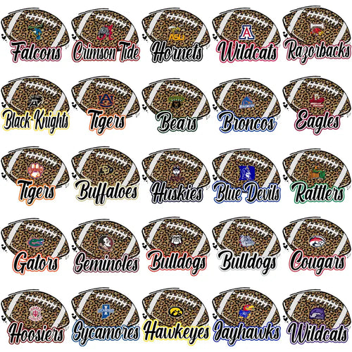 Leopard print football designs with team logos for DTF/DTG and embroidery