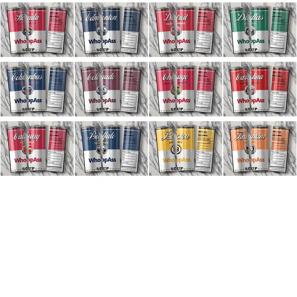 Print-ready tumbler wrap designs featuring NHL team-themed 'WhoopAss Soup' cans for DTF, DTG, embroidery.