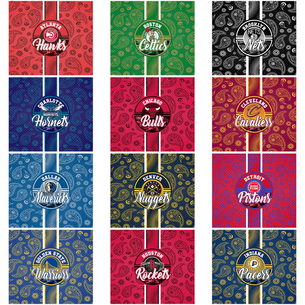 NBA team logos on paisley pattern backgrounds, print-ready for DTF, DTG, embroidery, tumbler wraps
