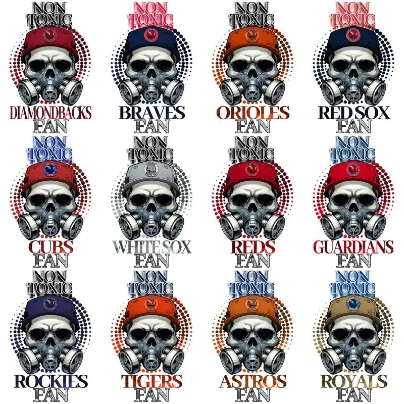 Skull in gas mask with MLB team caps, 'Non Toxic' text, for DTF/DTG print designs