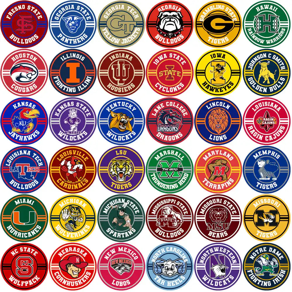 College sports team logos for DTF/DTG and embroidery designs, featuring vibrant mascots and school colors.