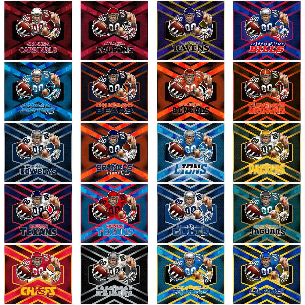NFL team designs for DTF/DTG, embroidery, and tumbler wraps with vibrant graphics and team logos.