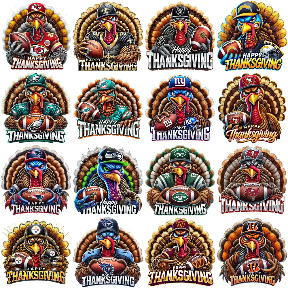 Football-themed Thanksgiving turkey designs with NFL team logos and Happy Thanksgiving text
