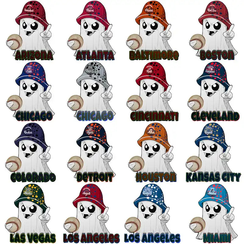 Baseball team ghost designs with hats and balls for DTF/DTG and embroidery