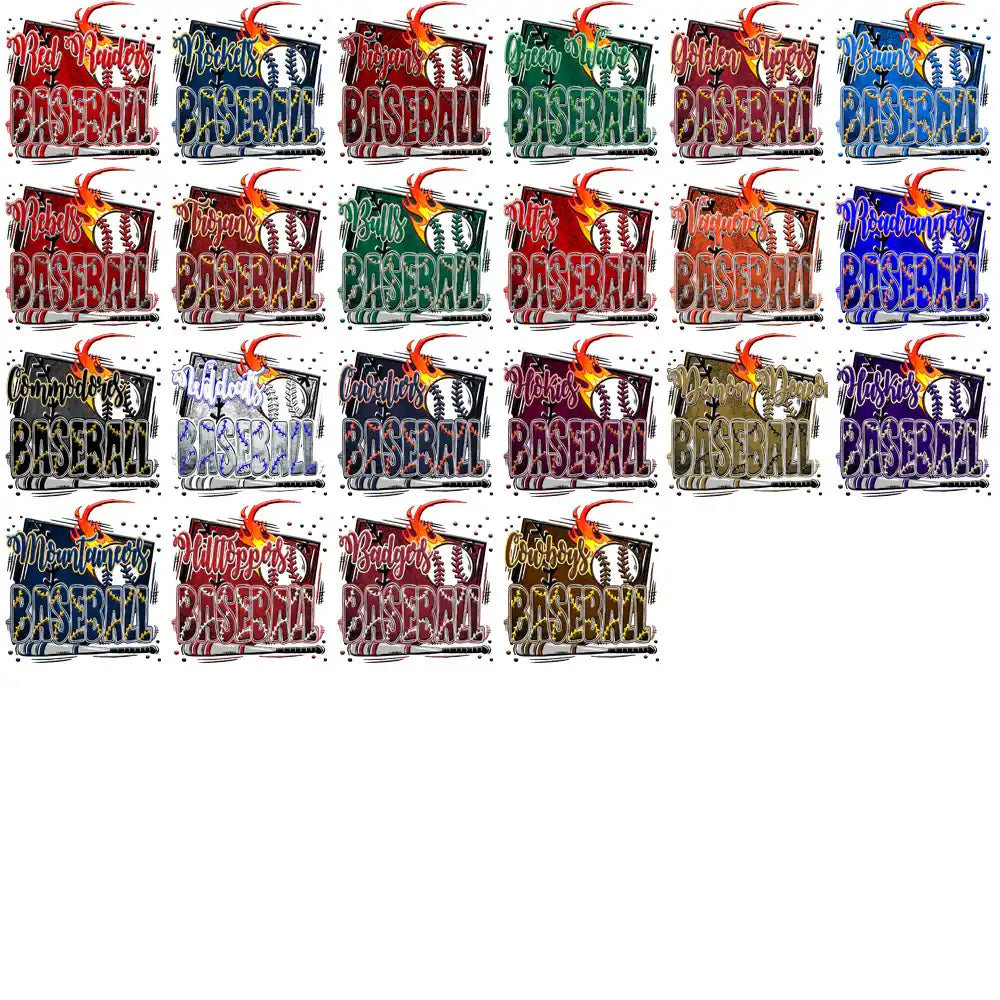 Baseball team designs with fiery effects, ideal for DTF/DTG and embroidery projects.