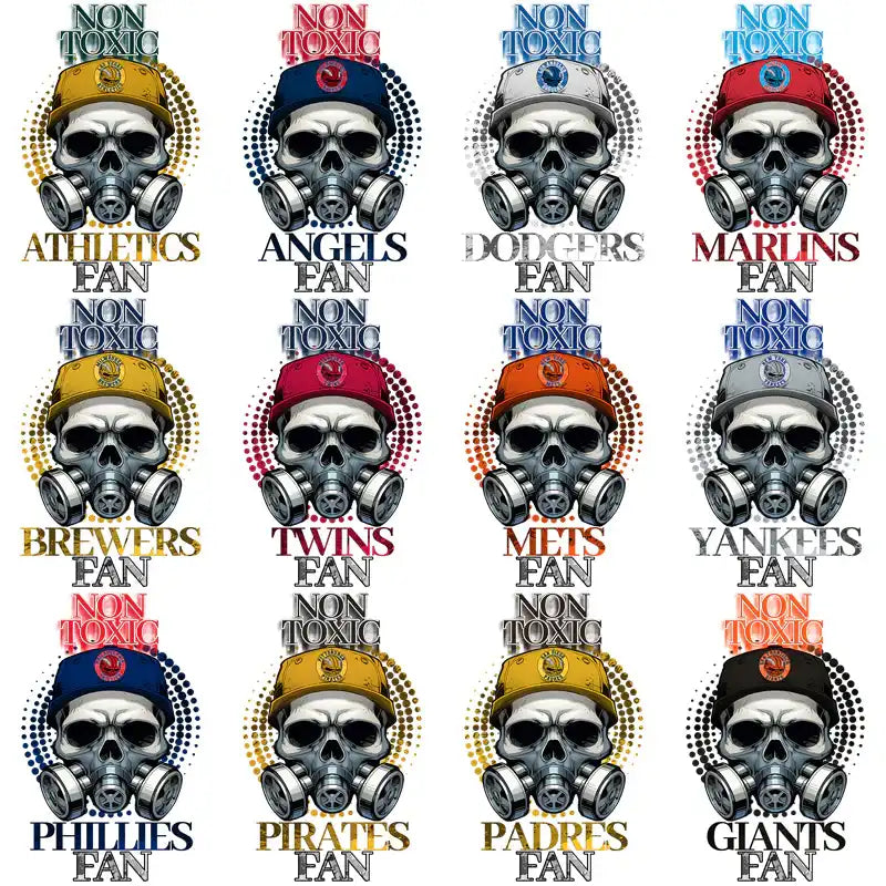 Skull in gas mask with sports team caps, 'Non Toxic' text, for DTF/DTG designs