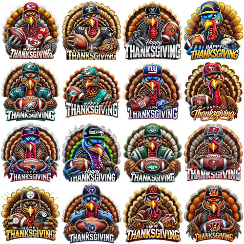 Football-themed Thanksgiving turkey designs with NFL team logos and Happy Thanksgiving text