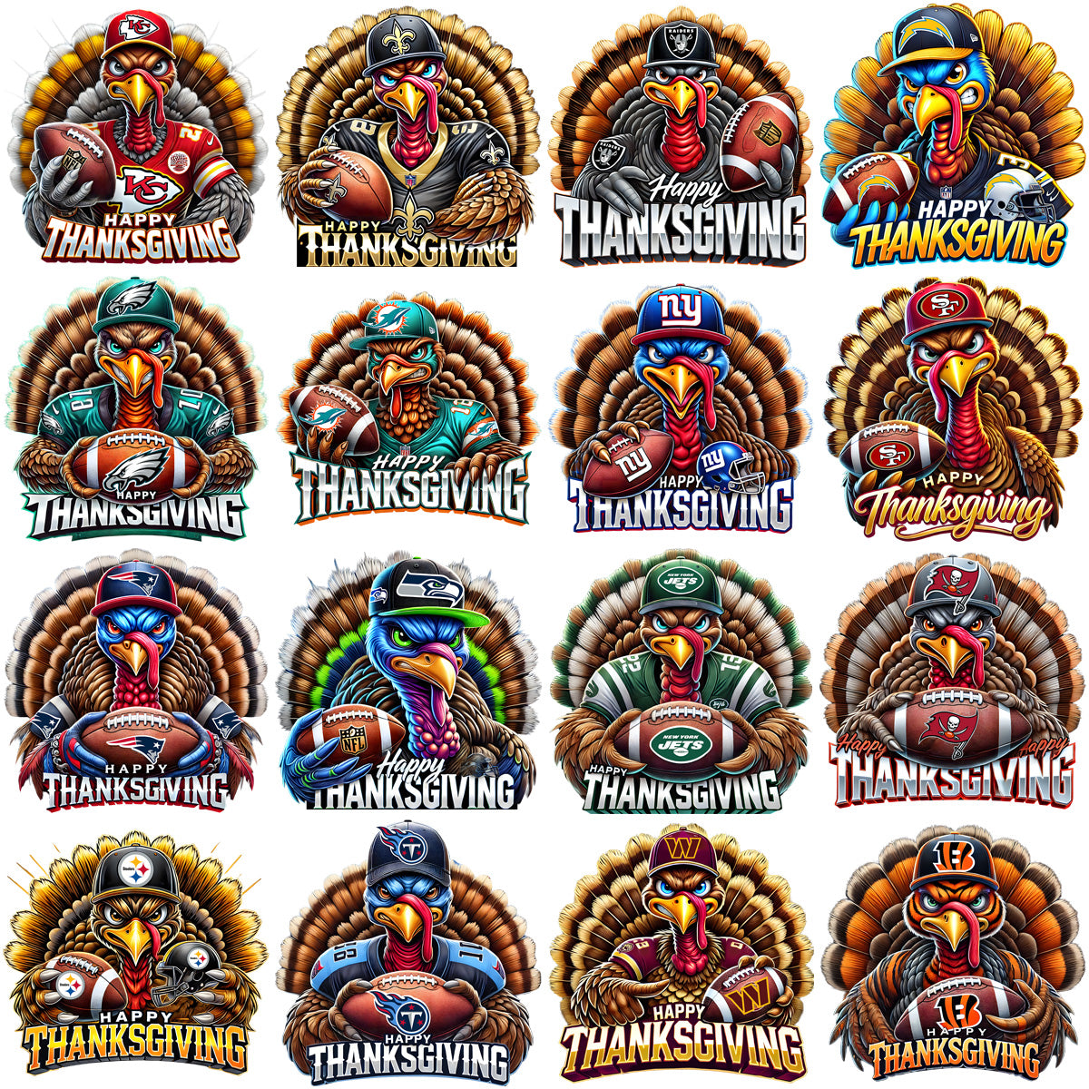 32 Thanksgiving Turkey Football Teams Designs Bundle PNG