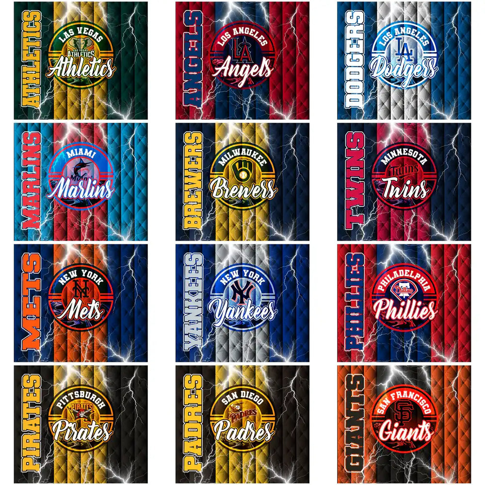 MLB team logos with lightning effects on quilted backgrounds, print-ready for DTF/DTG & embroidery