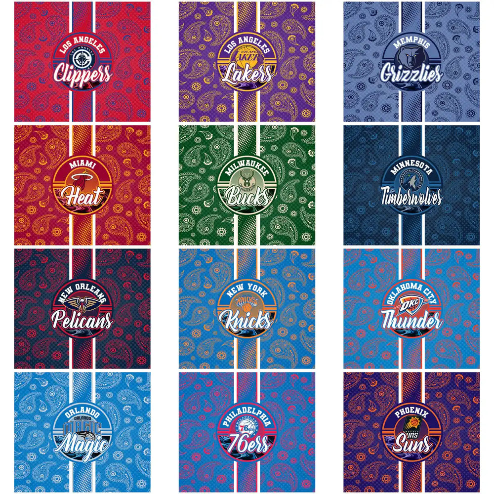 NBA team logos on paisley pattern backgrounds, print-ready for DTF, DTG, embroidery, tumbler wraps