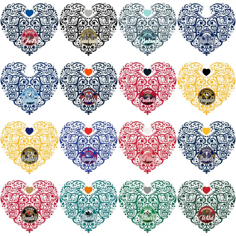 NHL team logos in ornate heart designs, print-ready for DTF, DTG, embroidery, and tumbler wraps.