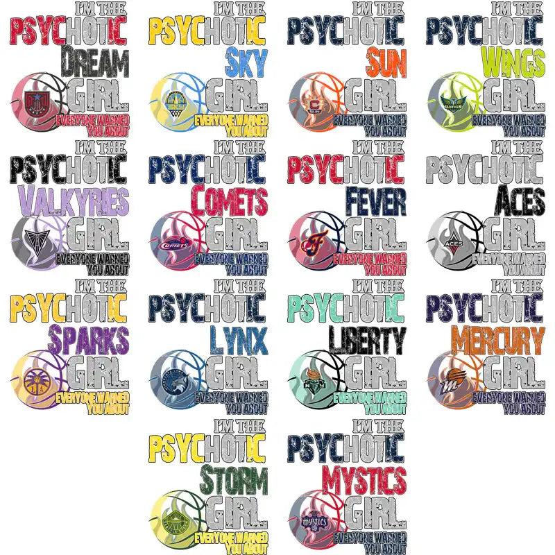 Psychotic Girl basketball team designs for DTF DTG print, featuring team logos and bold text
