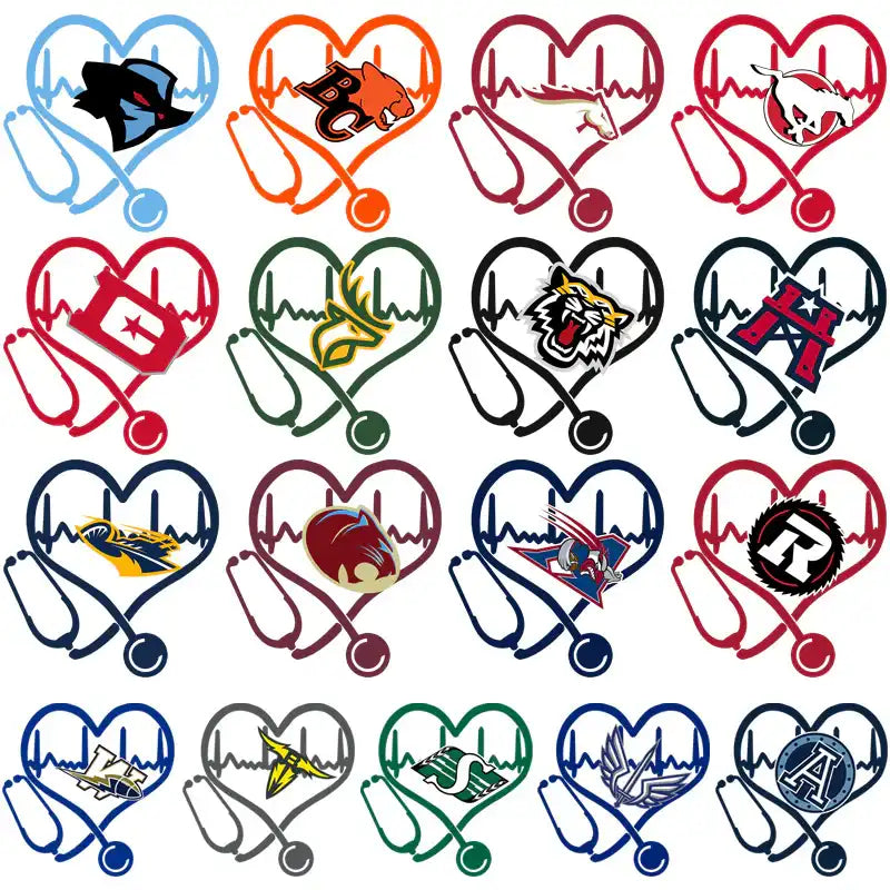 Heart-shaped stethoscope designs with sports team logos for DTF/DTG and embroidery projects