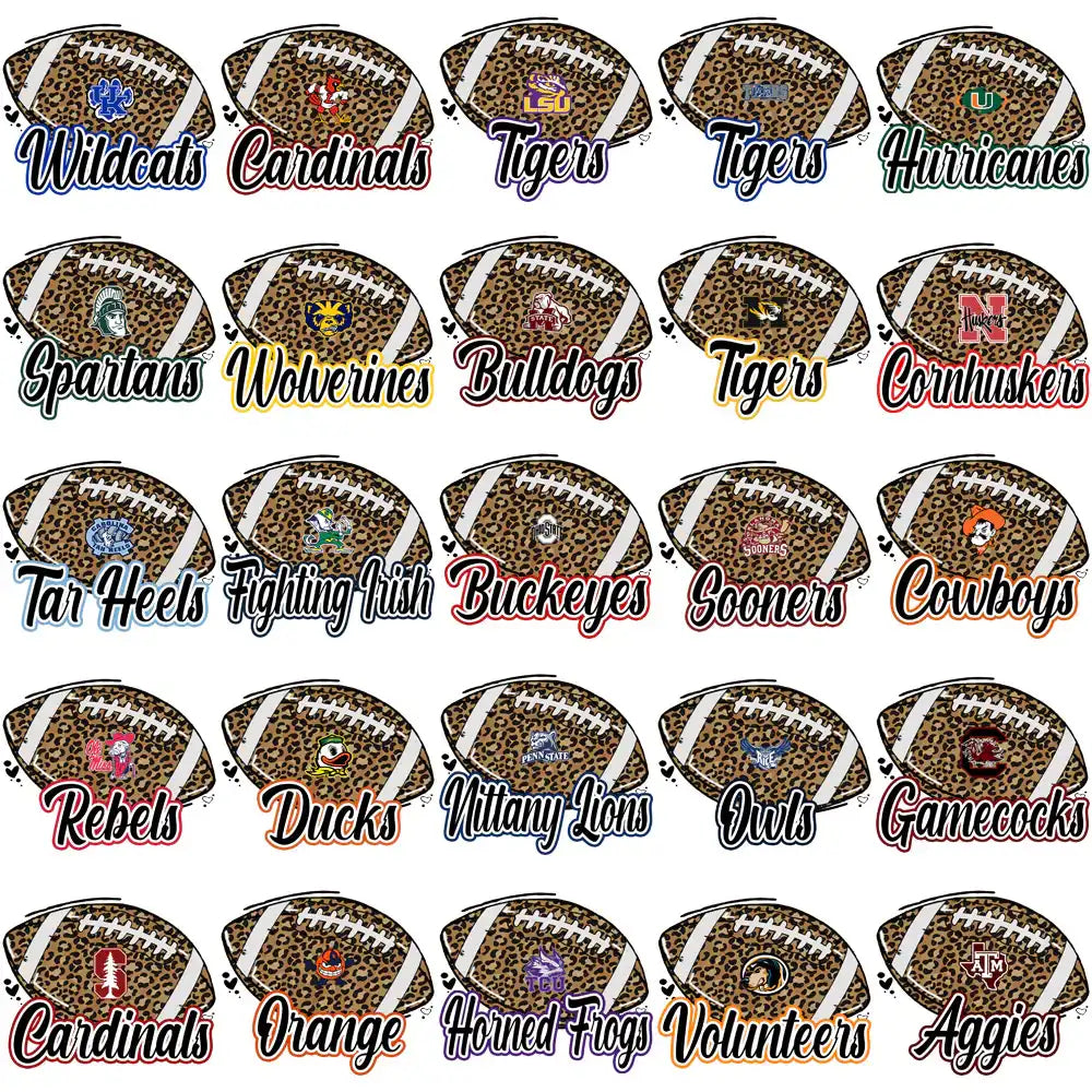 Leopard print footballs with college team logos for DTF/DTG designs