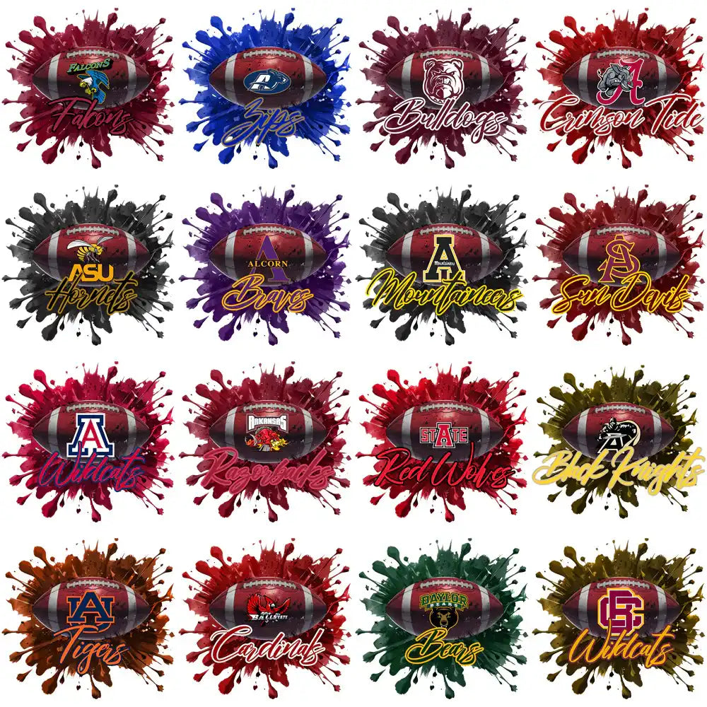 College football team logos with paint splatter effects, ideal for DTF, DTG, embroidery, and tumbler wraps