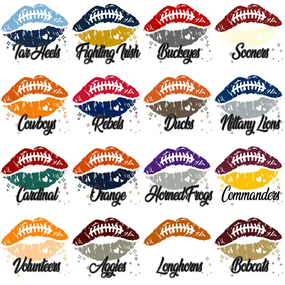 Football team lips designs for DTF, DTG, embroidery – Tar Heels, Fighting Irish, Buckeyes, Sooners, Cowboys, Rebels, Ducks, Nittany Lions, Cardinal, Orange, Horned Frogs, Commanders, Volunteers, Aggies, Longhorns, Bobcats