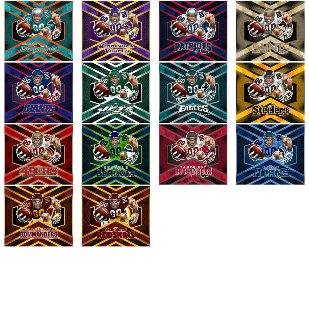 NFL team designs for DTF/DTG, embroidery, and tumbler wraps with vibrant graphics and team logos.