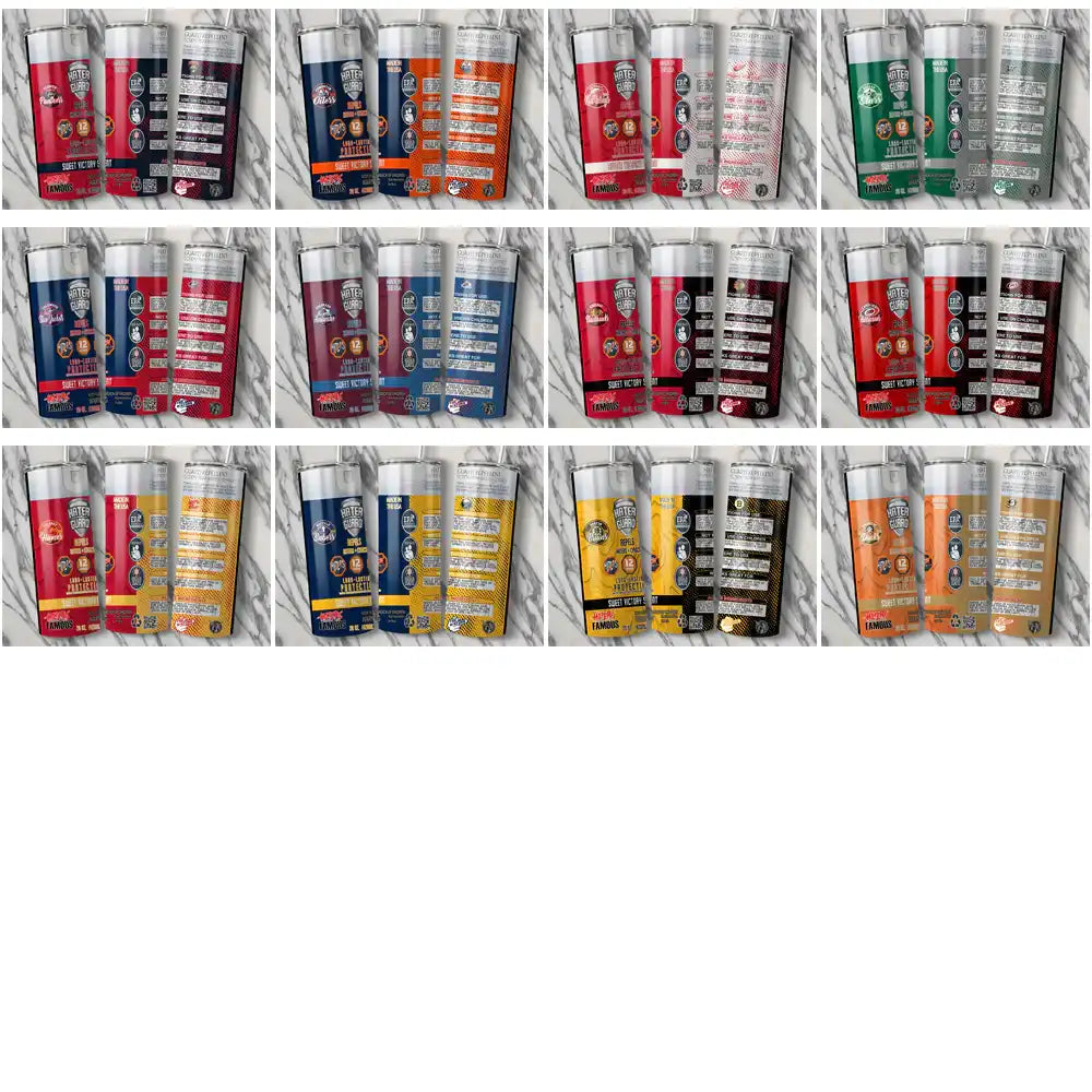 Colorful tumbler wrap designs with sports themes, perfect for DTF, DTG, or sublimation printing.