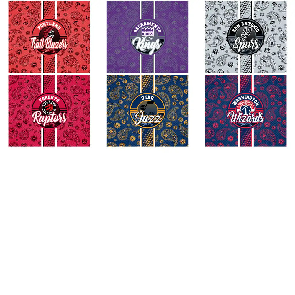 NBA team designs with paisley patterns for DTF/DTG and embroidery, print-ready PNG/SVG files