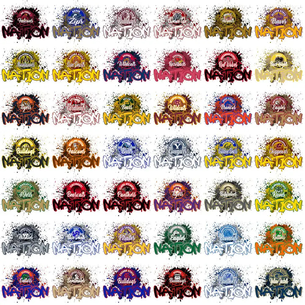 Colorful sports team logos with 'Nation' text, ideal for DTF/DTG and embroidery designs.