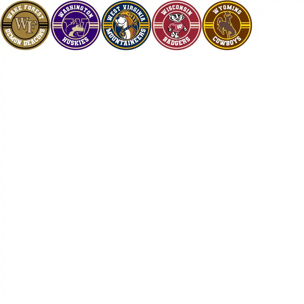 College sports team logos: Wake Forest, Washington Huskies, West Virginia, Wisconsin Badgers, Wyoming Cowboys
