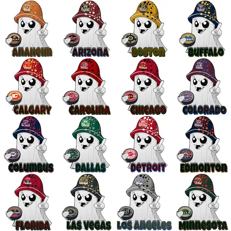 Cute ghost characters in NHL team hats holding hockey pucks, perfect for DTF/DTG prints and embroidery designs.